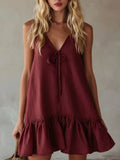 V-Neck Tie Front Ruffle Hem Mini Dress Burgundy / S