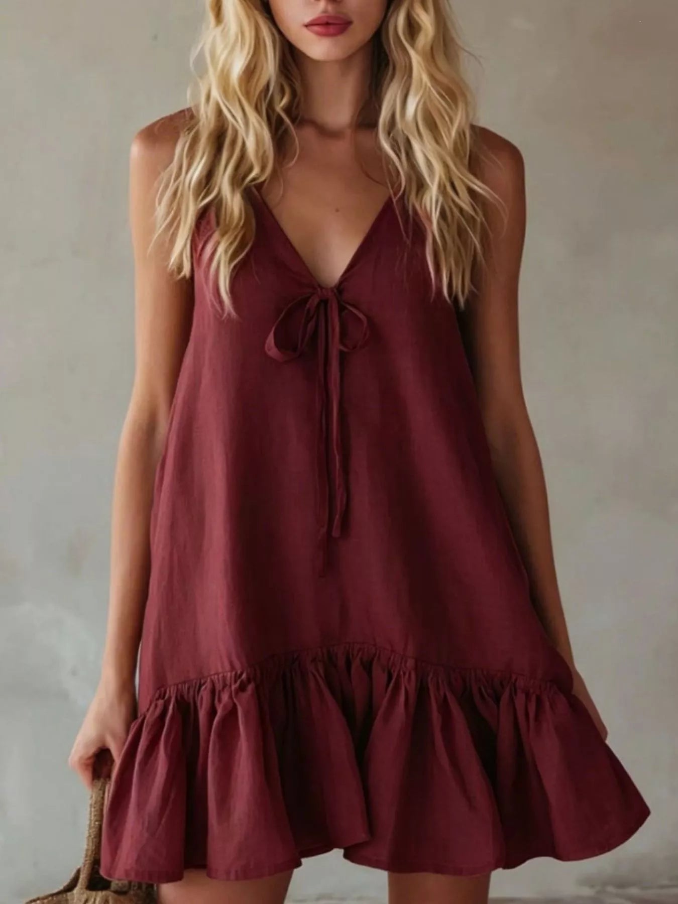 V-Neck Tie Front Ruffle Hem Mini Dress Burgundy / S