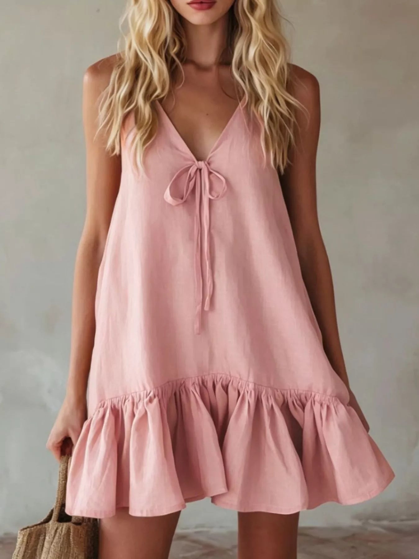 V-Neck Tie Front Ruffle Hem Mini Dress Pink / S