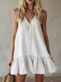 V-Neck Tie Front Ruffle Hem Mini Dress White / S