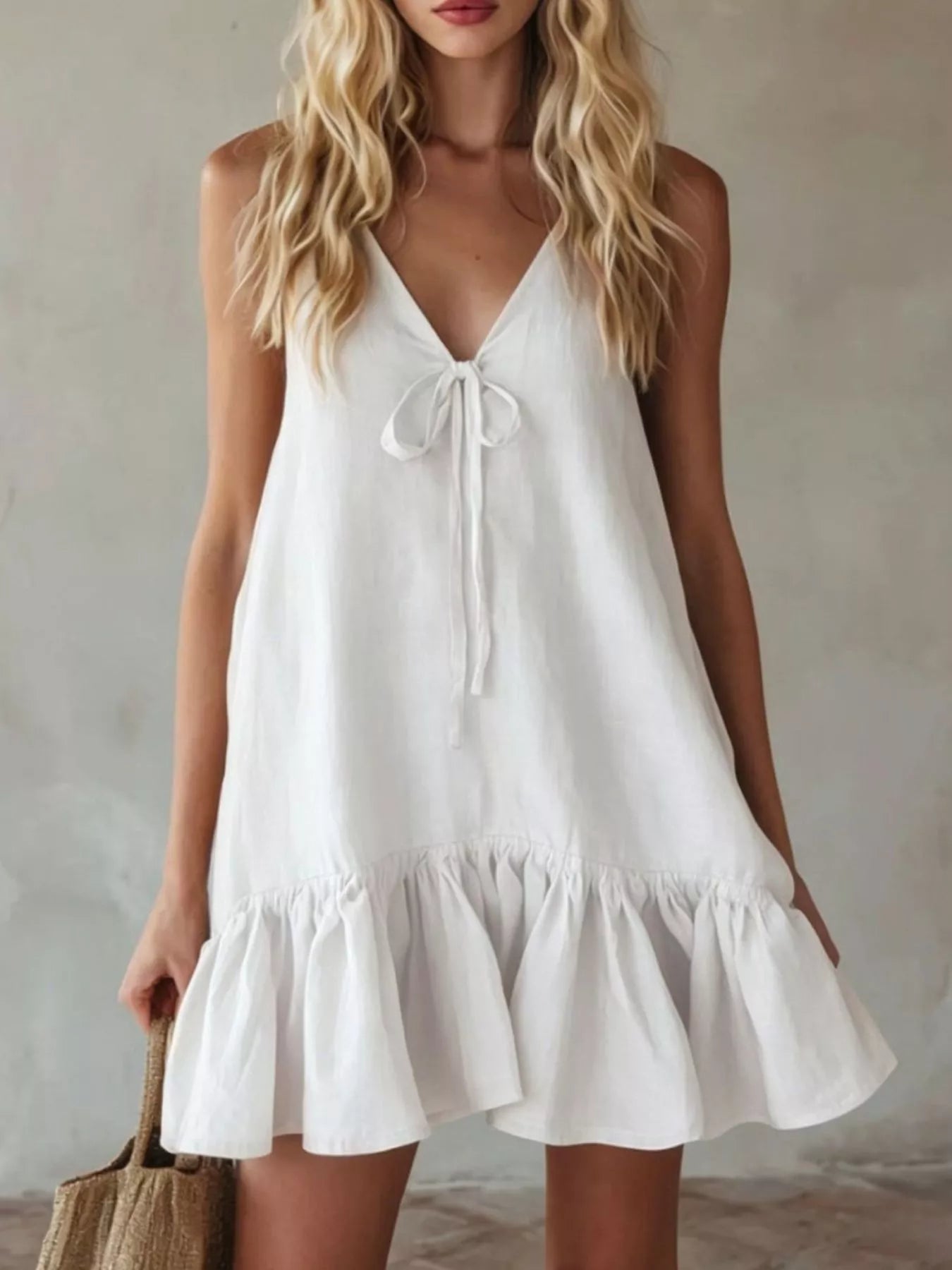 V-Neck Tie Front Ruffle Hem Mini Dress White / S