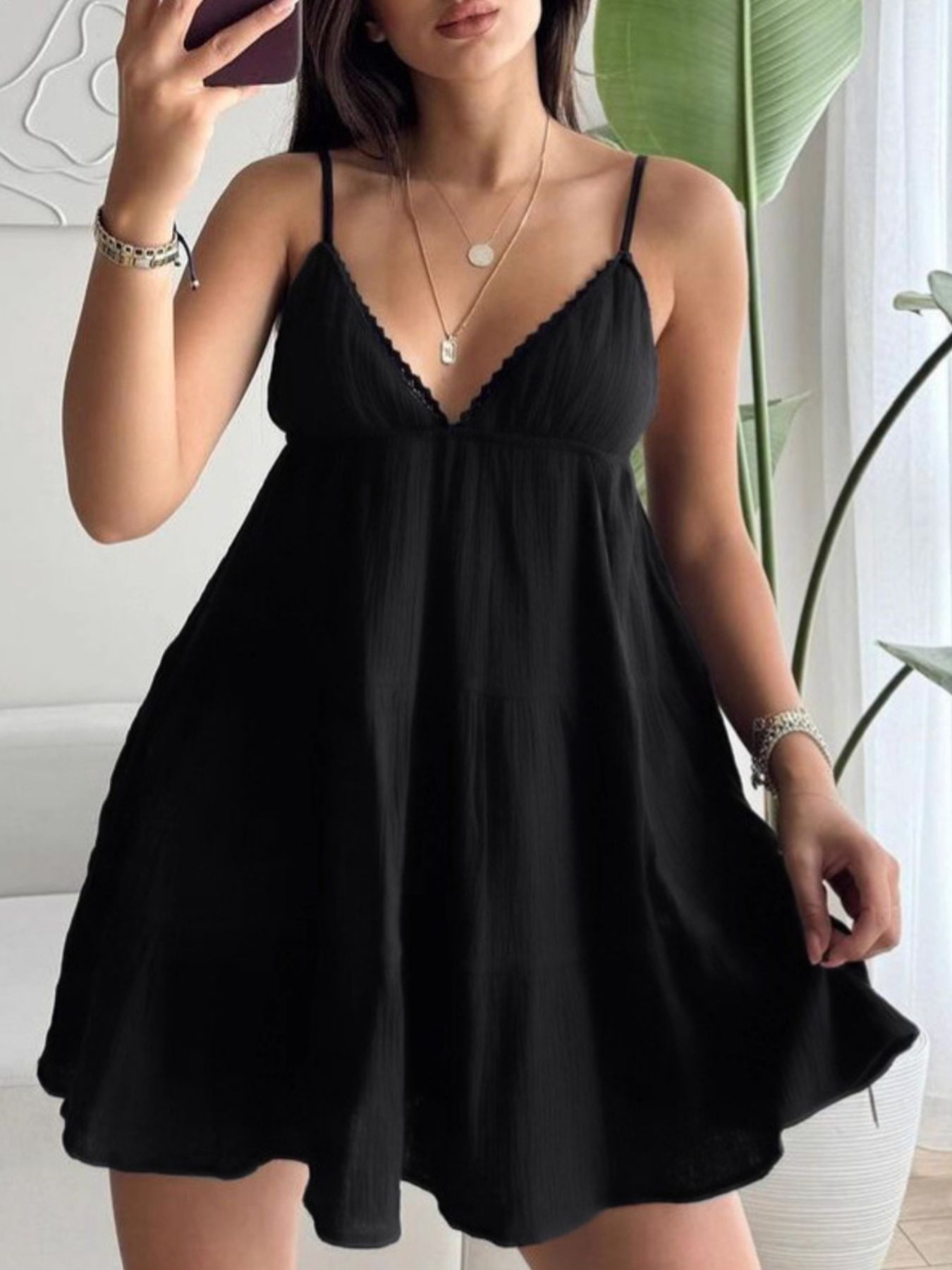 V-Neck Tiered Mini Dress Black / S