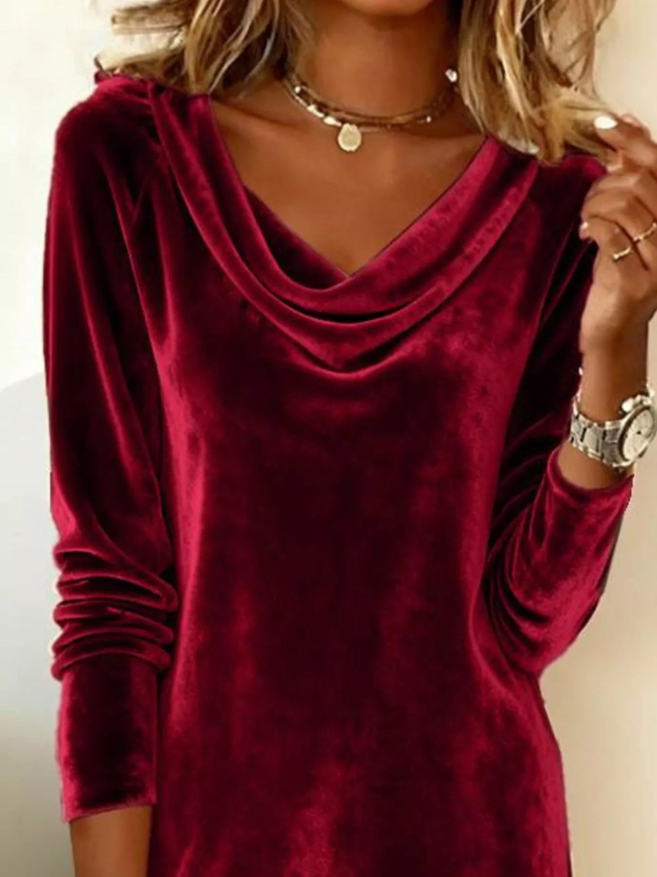 Velvet Cowl Neck Long Sleeve Mini Dress