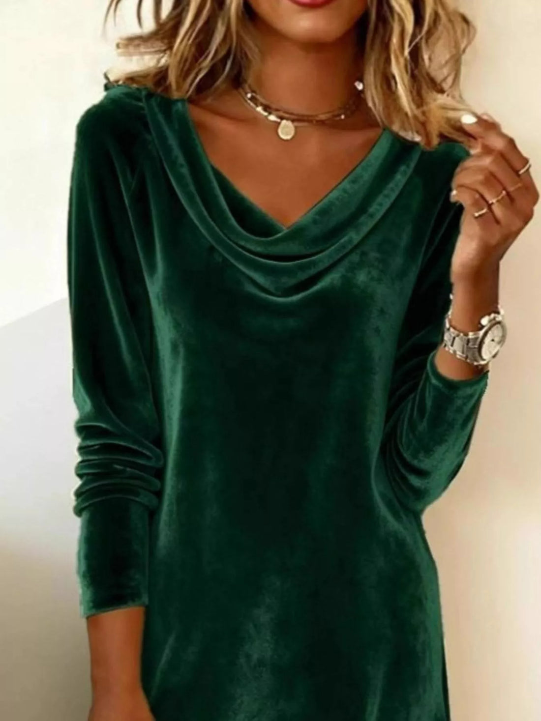 Velvet Cowl Neck Long Sleeve Mini Dress Green / S