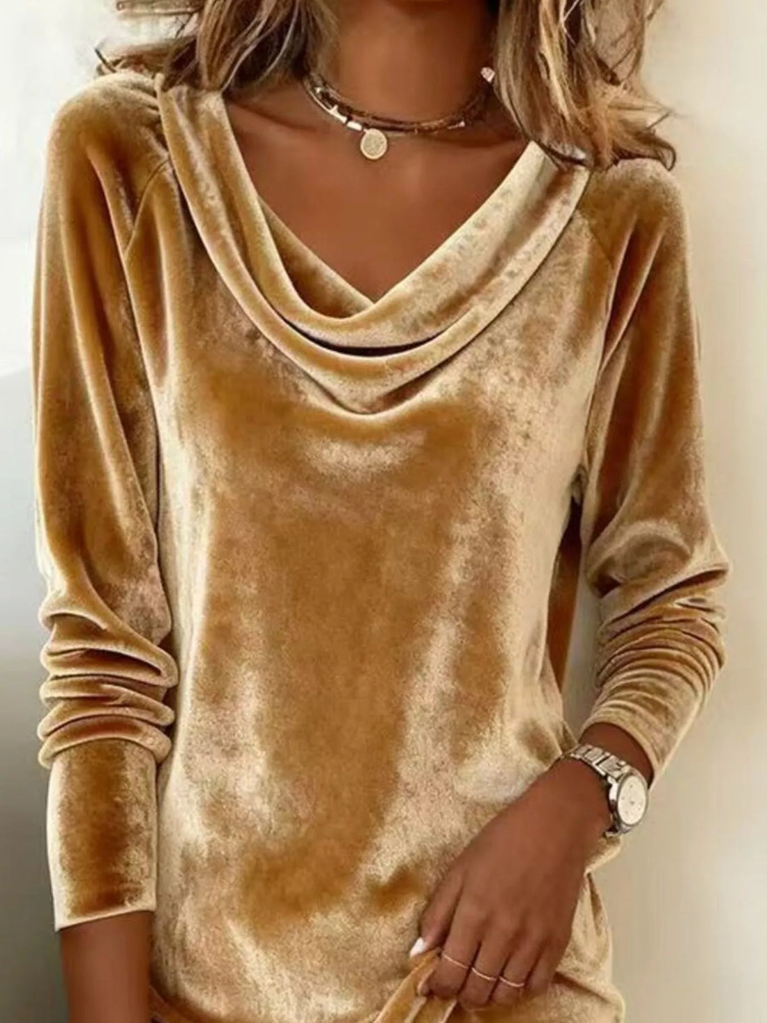 Velvet Cowl Neck Long Sleeve Mini Dress Gold / S