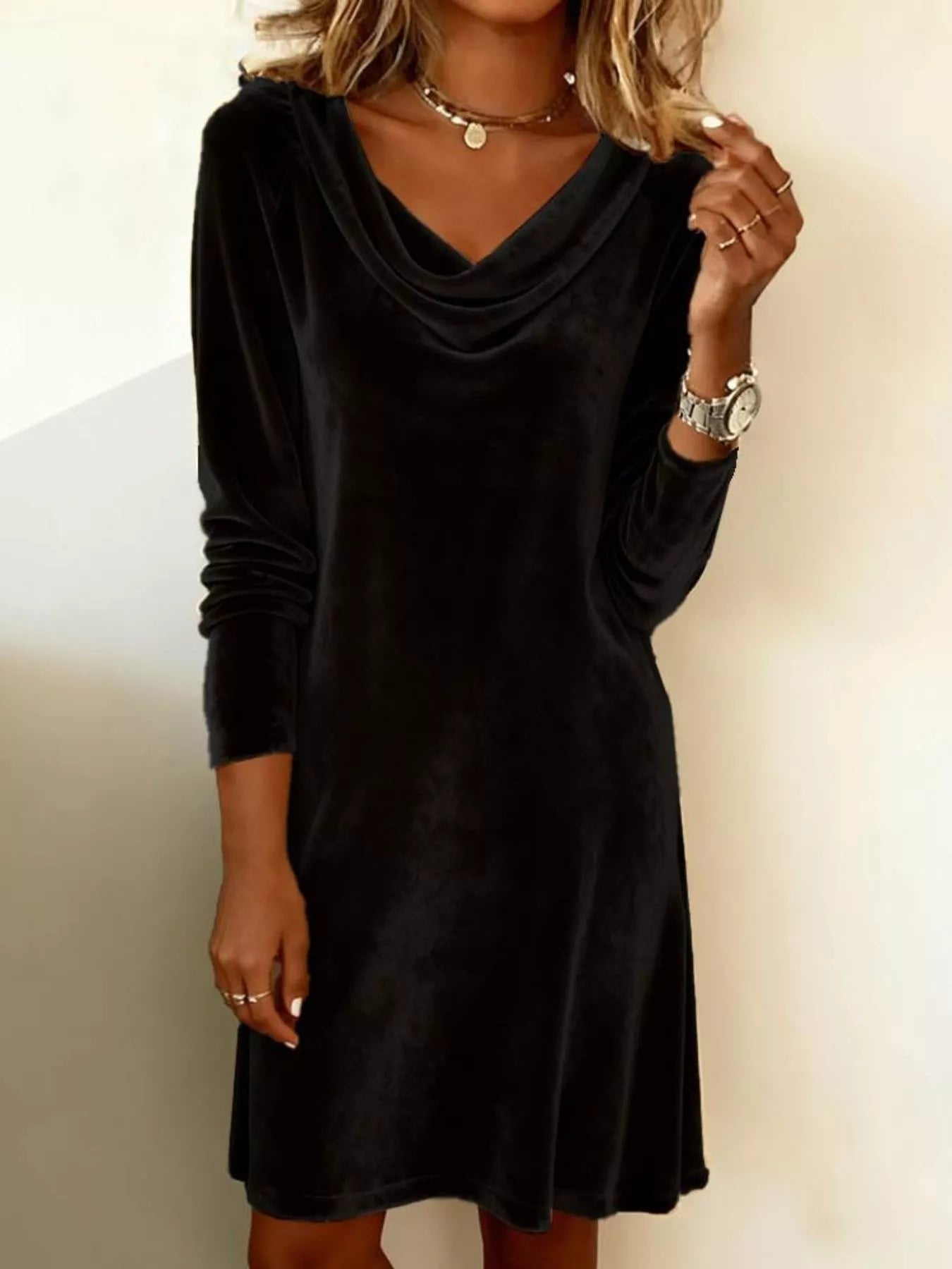 Velvet Cowl Neck Long Sleeve Mini Dress Black / S