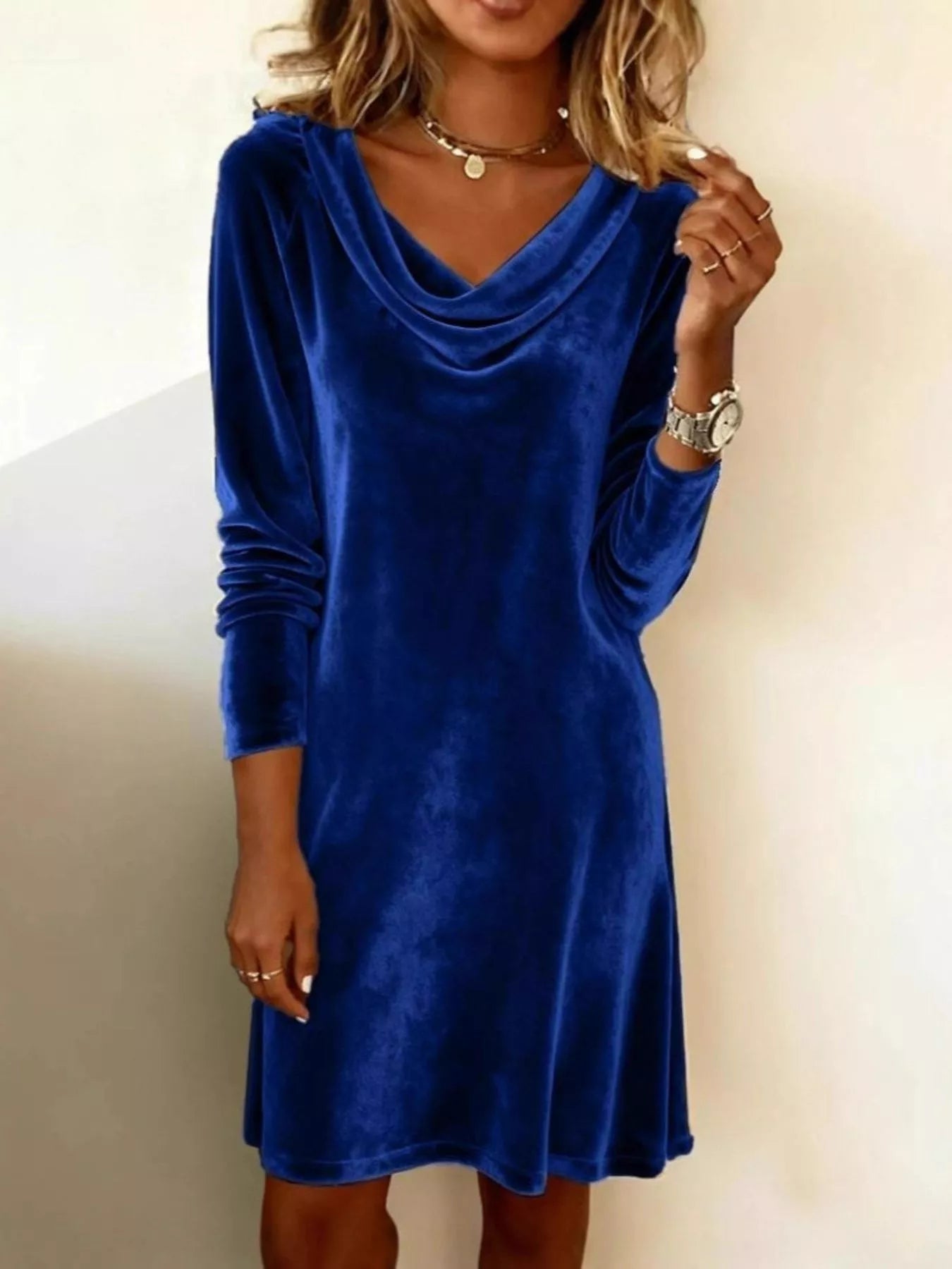 Velvet Cowl Neck Long Sleeve Mini Dress Blue / S