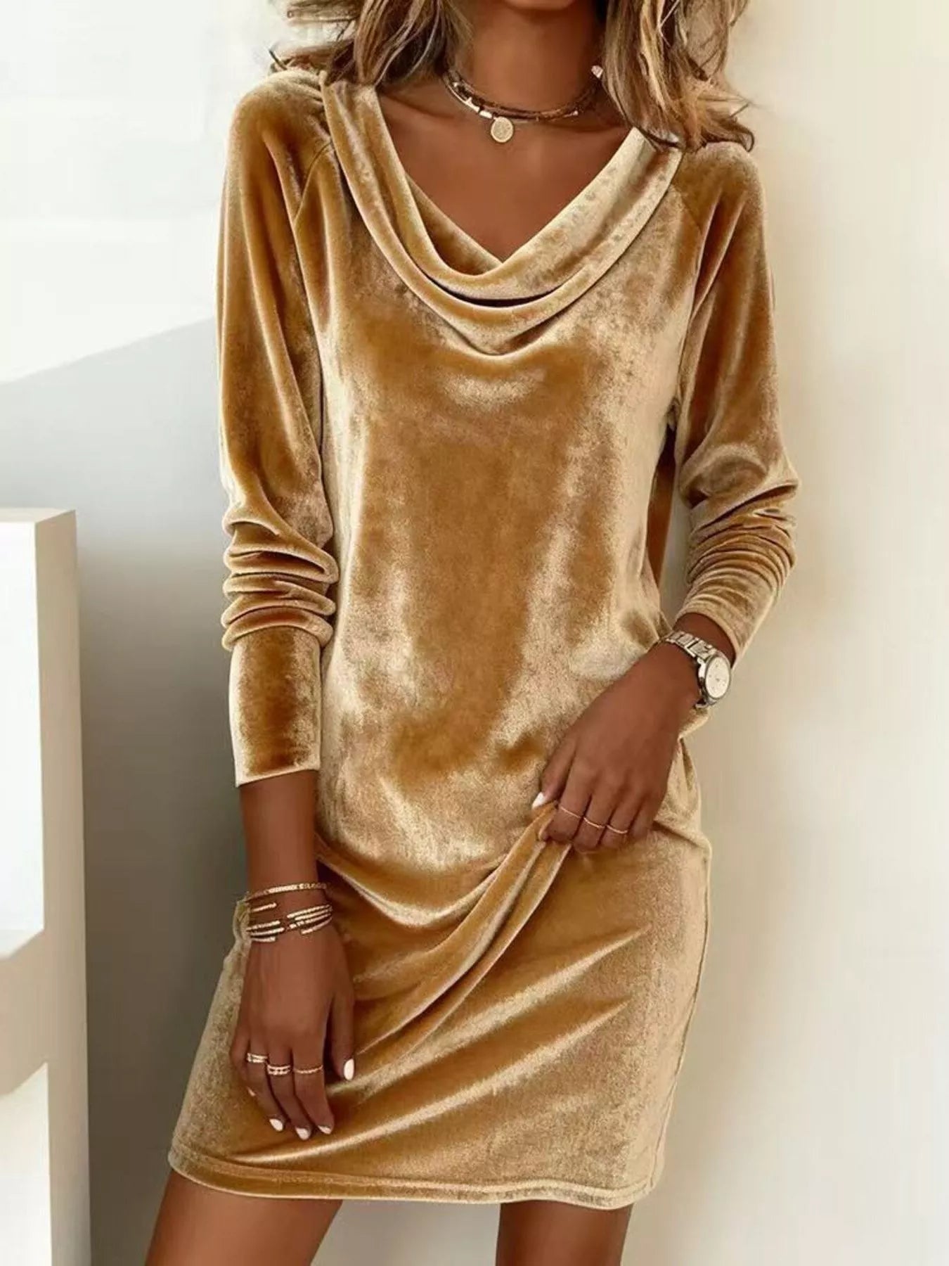 Velvet Cowl Neck Long Sleeve Mini Dress Gold / S