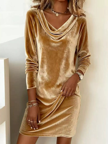 Velvet Cowl Neck Long Sleeve Mini Dress Gold / S