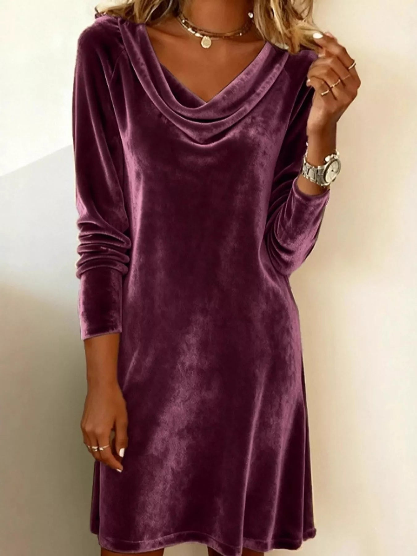 Velvet Cowl Neck Long Sleeve Mini Dress Purple / S