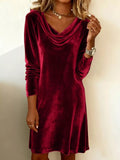Velvet Cowl Neck Long Sleeve Mini Dress Wine Red / S