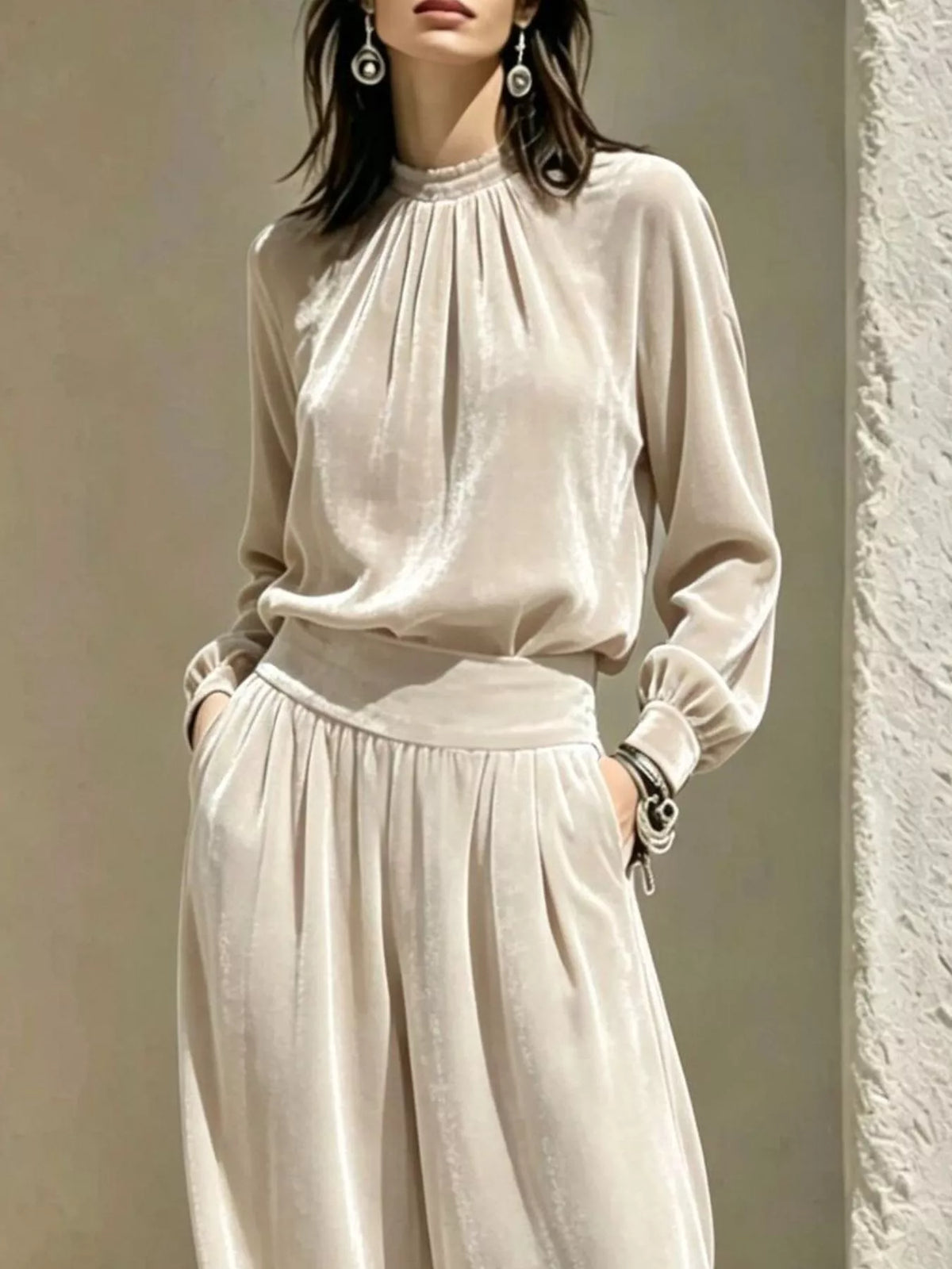 Velvet Mock Neck Long Sleeve Top and Wide-Leg Pants Set