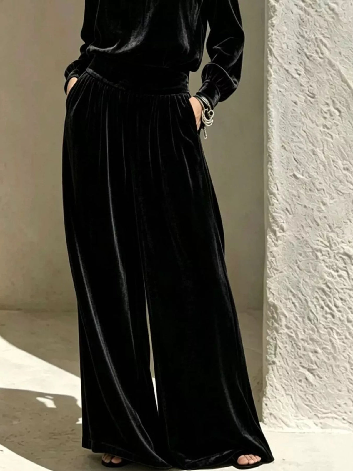 Velvet Mock Neck Long Sleeve Top and Wide-Leg Pants Set