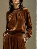 Velvet Mock Neck Long Sleeve Top and Wide-Leg Pants Set