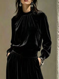 Velvet Mock Neck Long Sleeve Top and Wide-Leg Pants Set