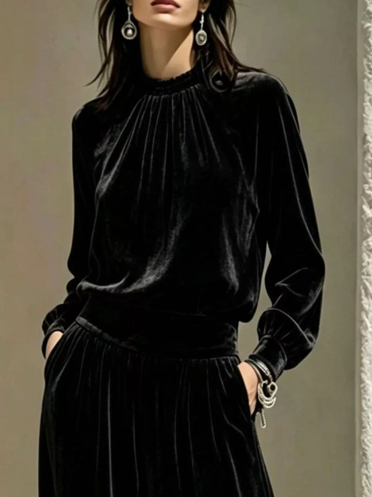 Velvet Mock Neck Long Sleeve Top and Wide-Leg Pants Set