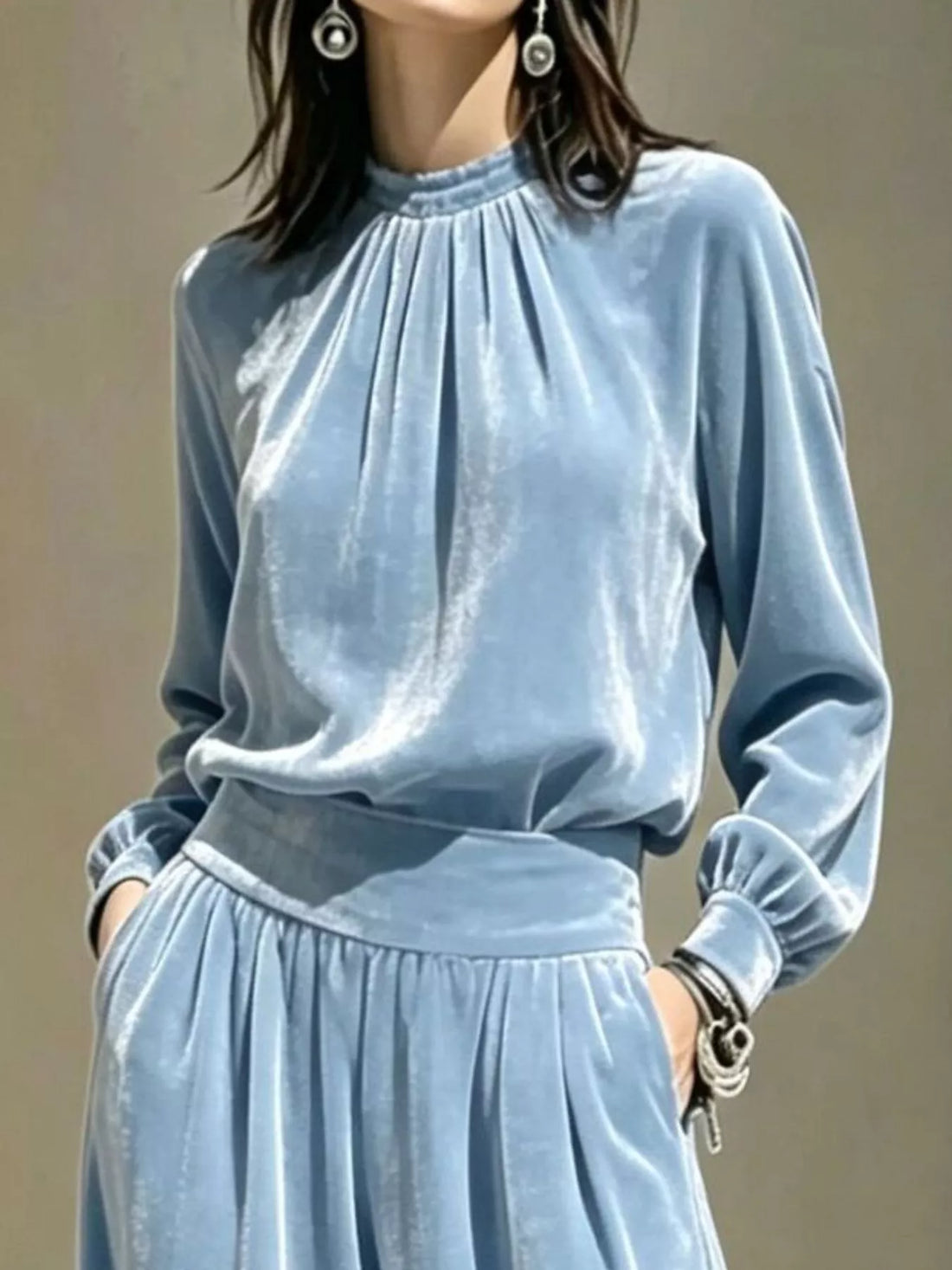 Velvet Mock Neck Long Sleeve Top and Wide-Leg Pants Set Light Blue / S