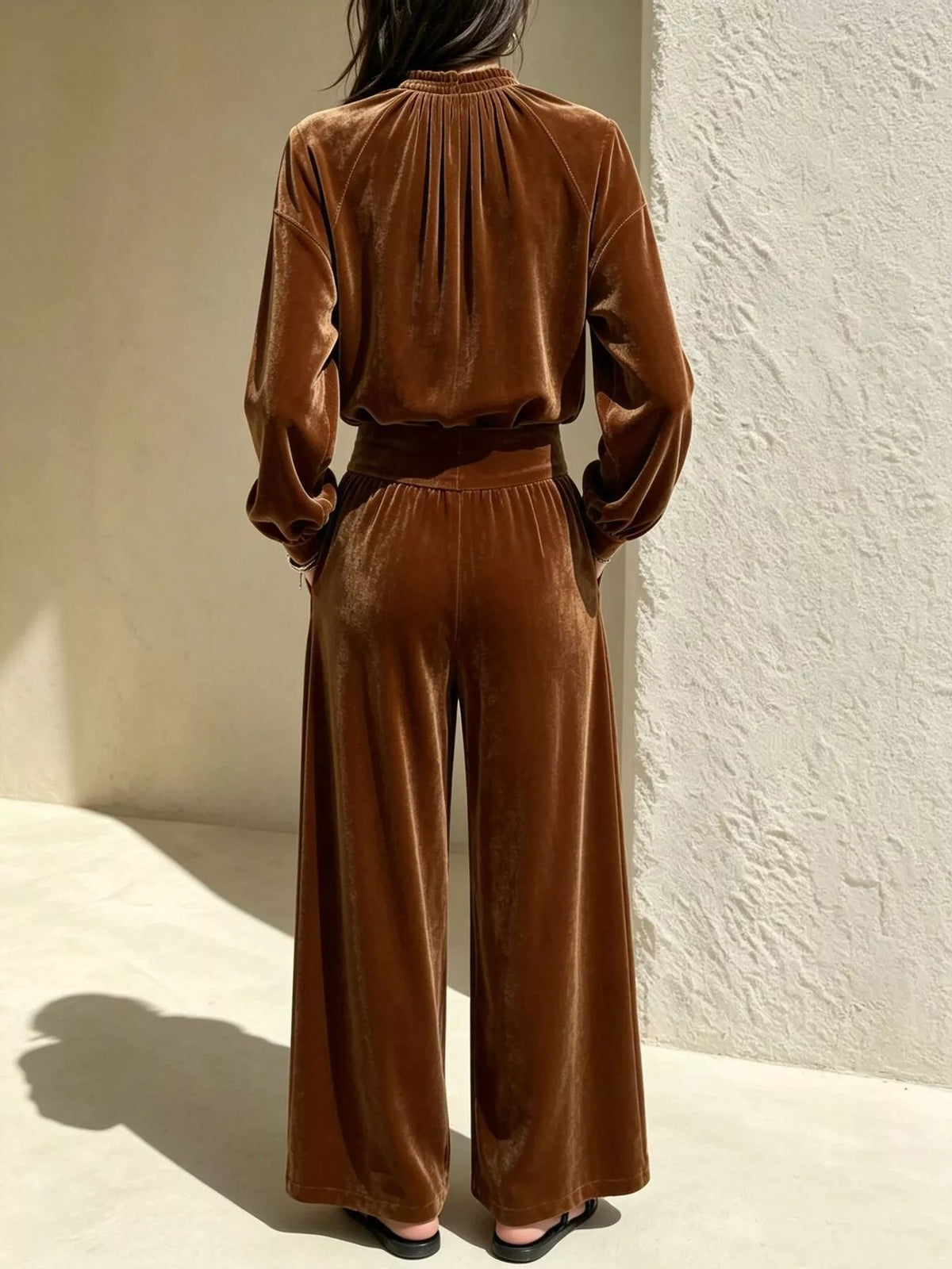 Velvet Mock Neck Long Sleeve Top and Wide-Leg Pants Set