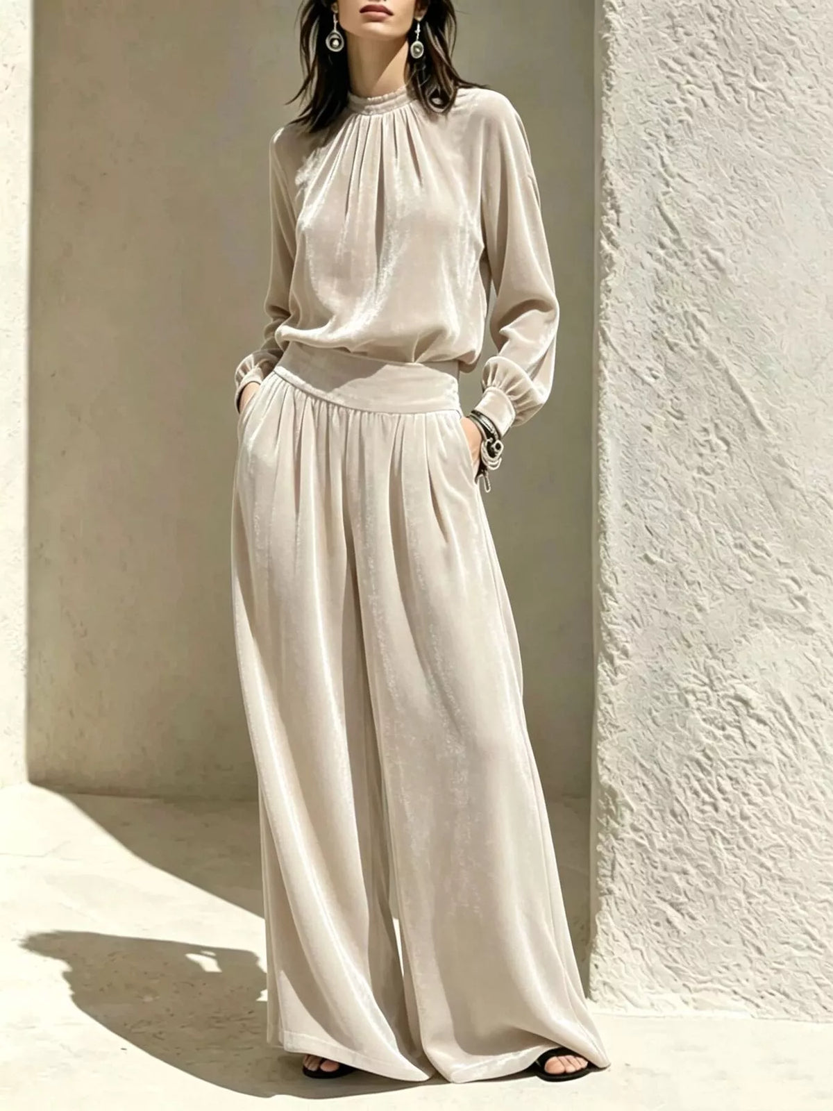 Velvet Mock Neck Long Sleeve Top and Wide-Leg Pants Set Beige / S