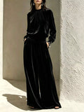 Velvet Mock Neck Long Sleeve Top and Wide-Leg Pants Set Black / S