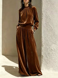 Velvet Mock Neck Long Sleeve Top and Wide-Leg Pants Set Brown / S