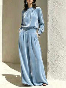 Velvet Mock Neck Top & Wide-Leg Pants Set