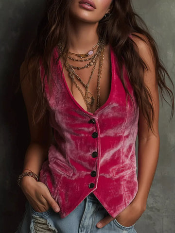 Velvet Vest Coat for Women Fuchsia Pink / S