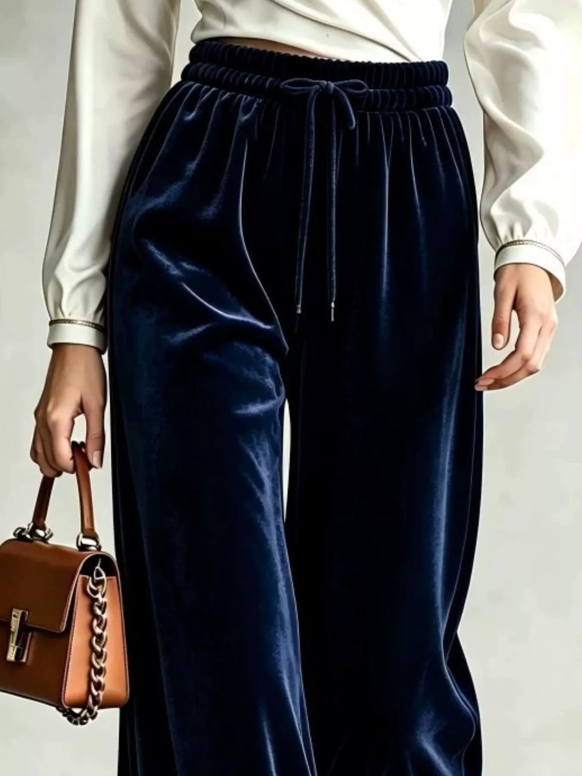 Velvet Wide-Leg Pants with Drawstring