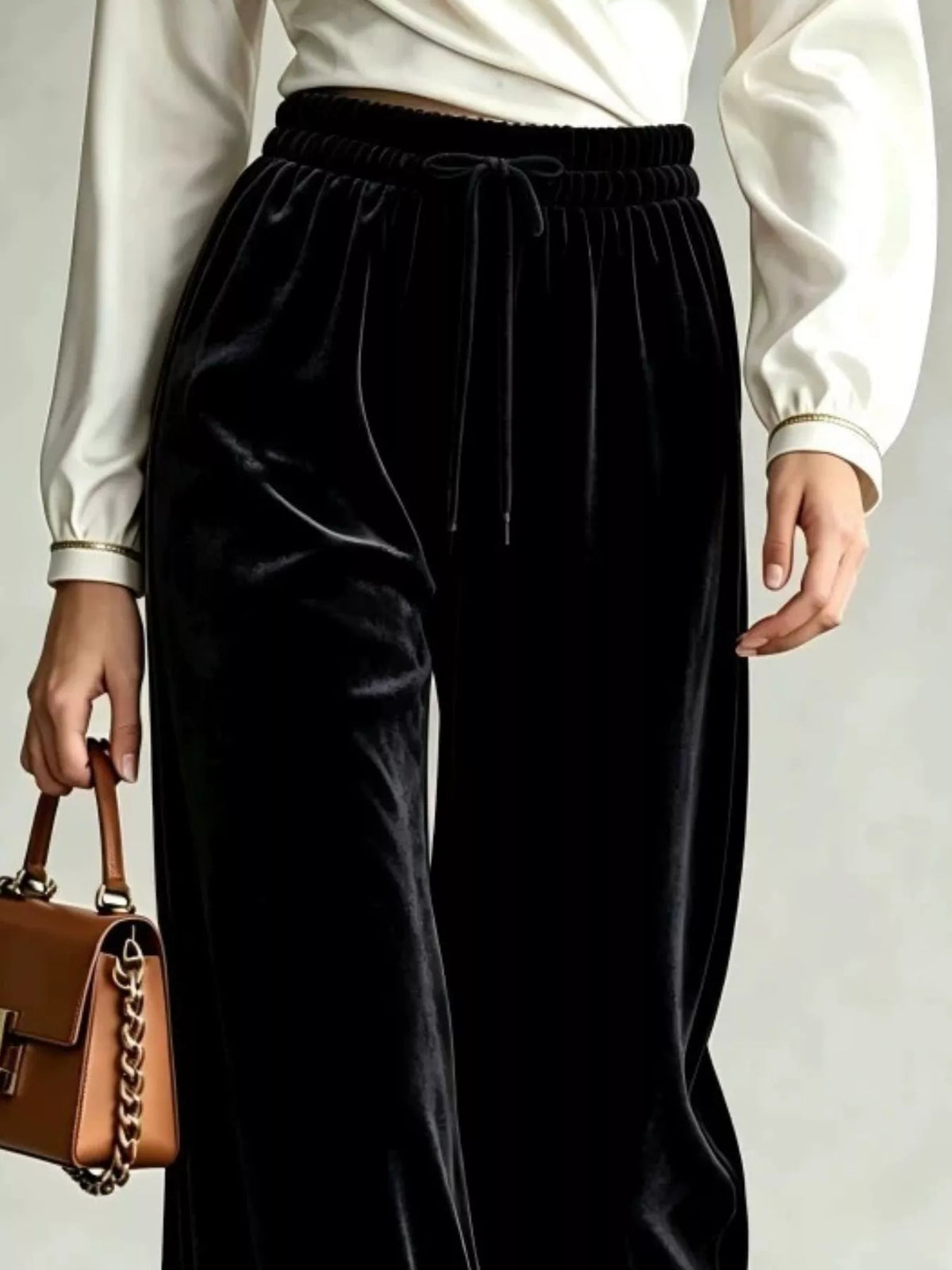 Velvet Wide-Leg Pants with Drawstring