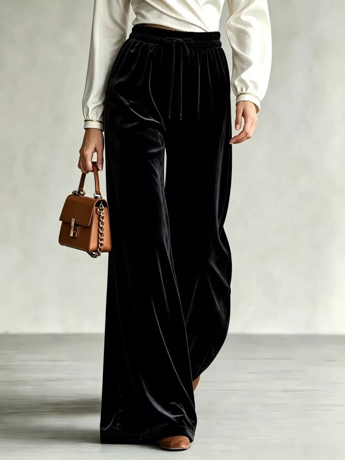 Velvet Wide-Leg Pants with Drawstring Black / XS