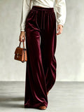 Velvet Wide-Leg Pants with Drawstring Burgundy / XS