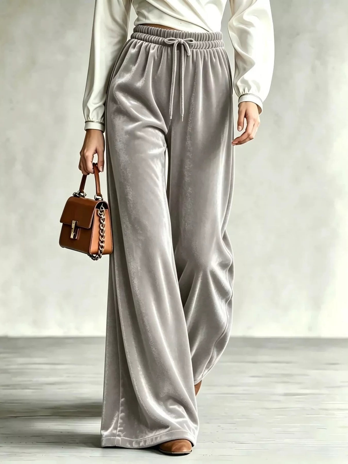 Velvet Wide-Leg Pants with Drawstring Gray / XS