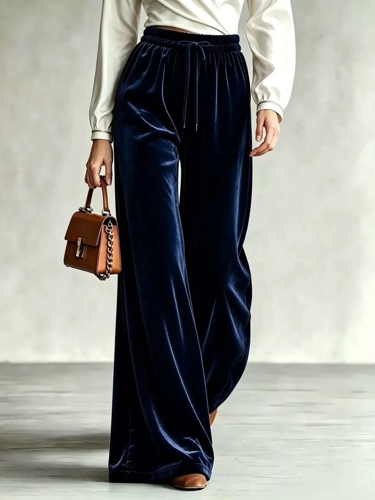 Velvet Wide-Leg Pants with Drawstring Navy / XS