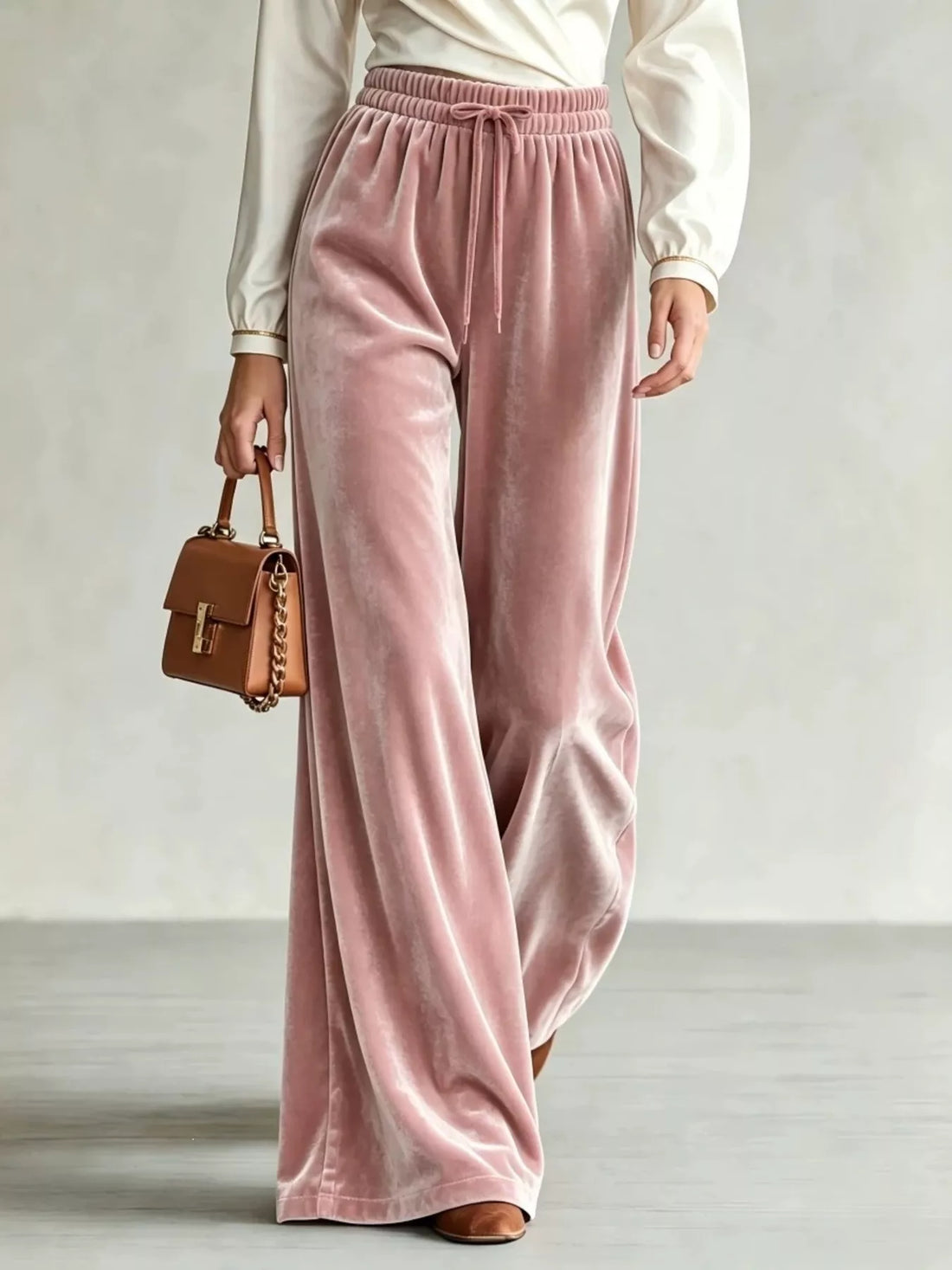 Velvet Wide-Leg Pants with Drawstring Pink / XS