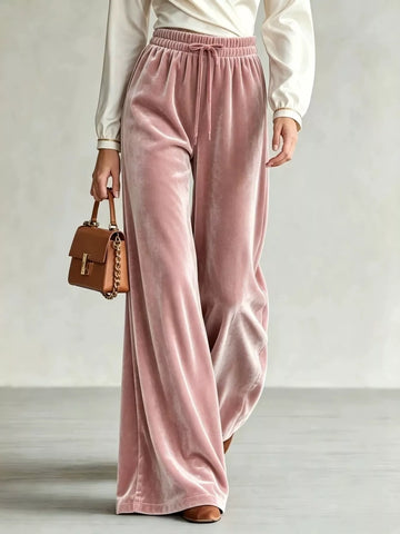 Velvet Wide-Leg Pants with Drawstring Pink / XS