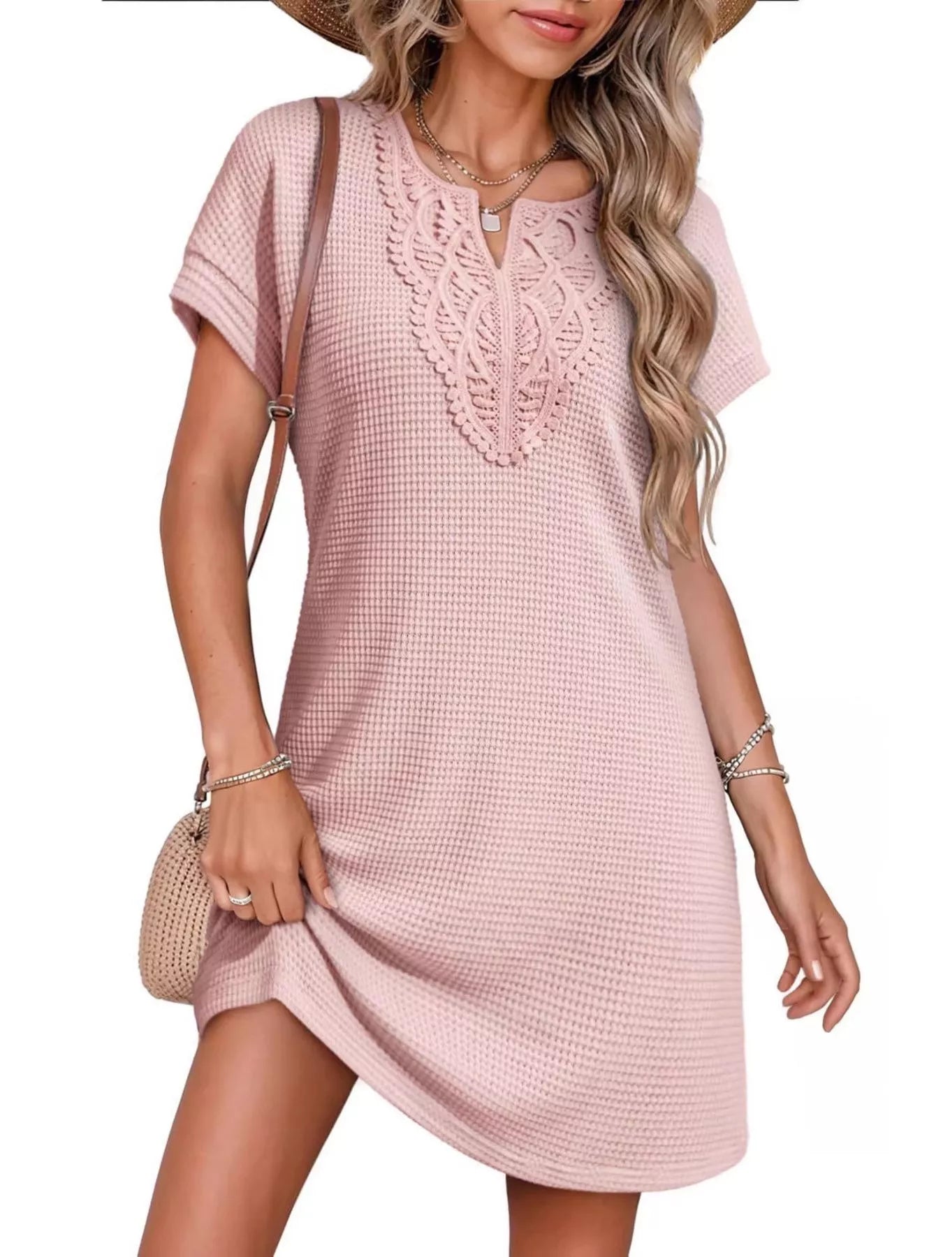 Waffle Knit Short Sleeve Dress Pink / S