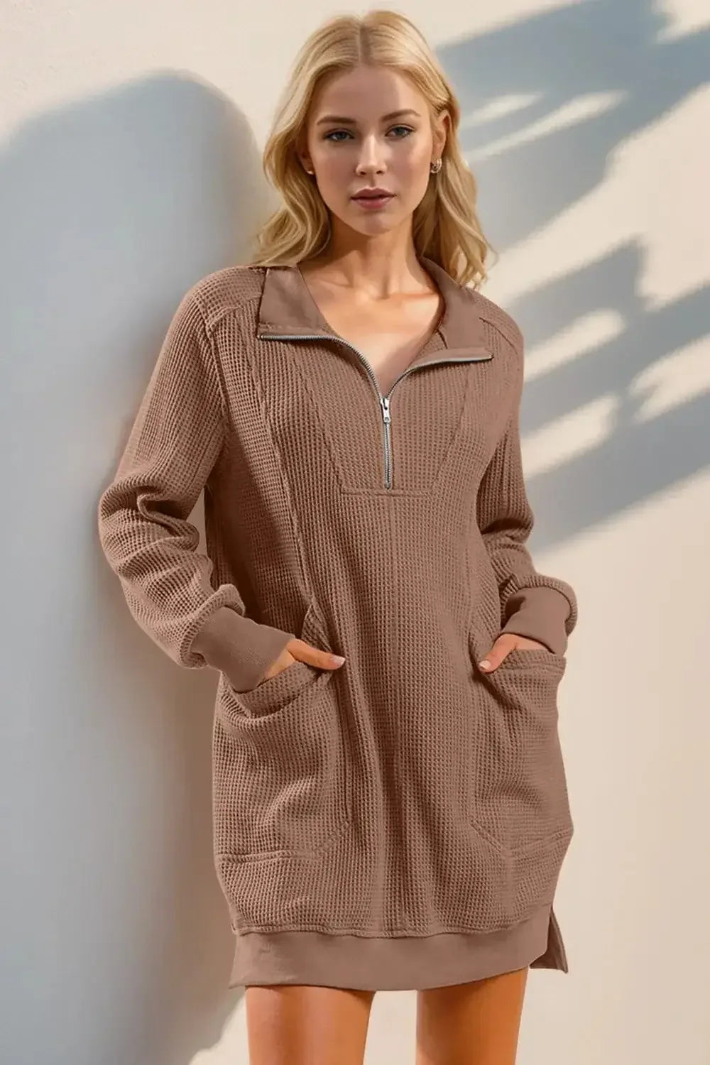 Waffle Long Sleeve Mini Dress with Pockets for Women Taupe / S