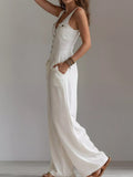 Sleeveless Button-Front Wide-Leg Jumpsuit