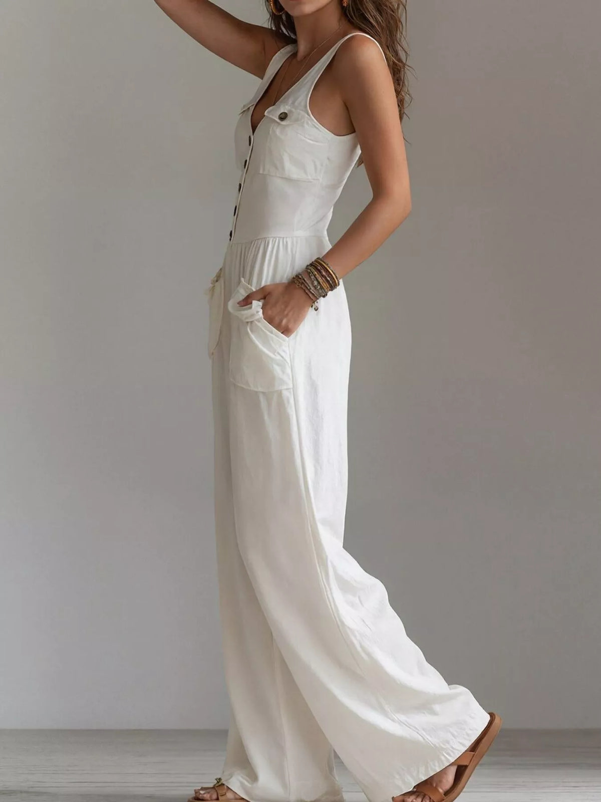 Sleeveless Button-Front Wide-Leg Jumpsuit