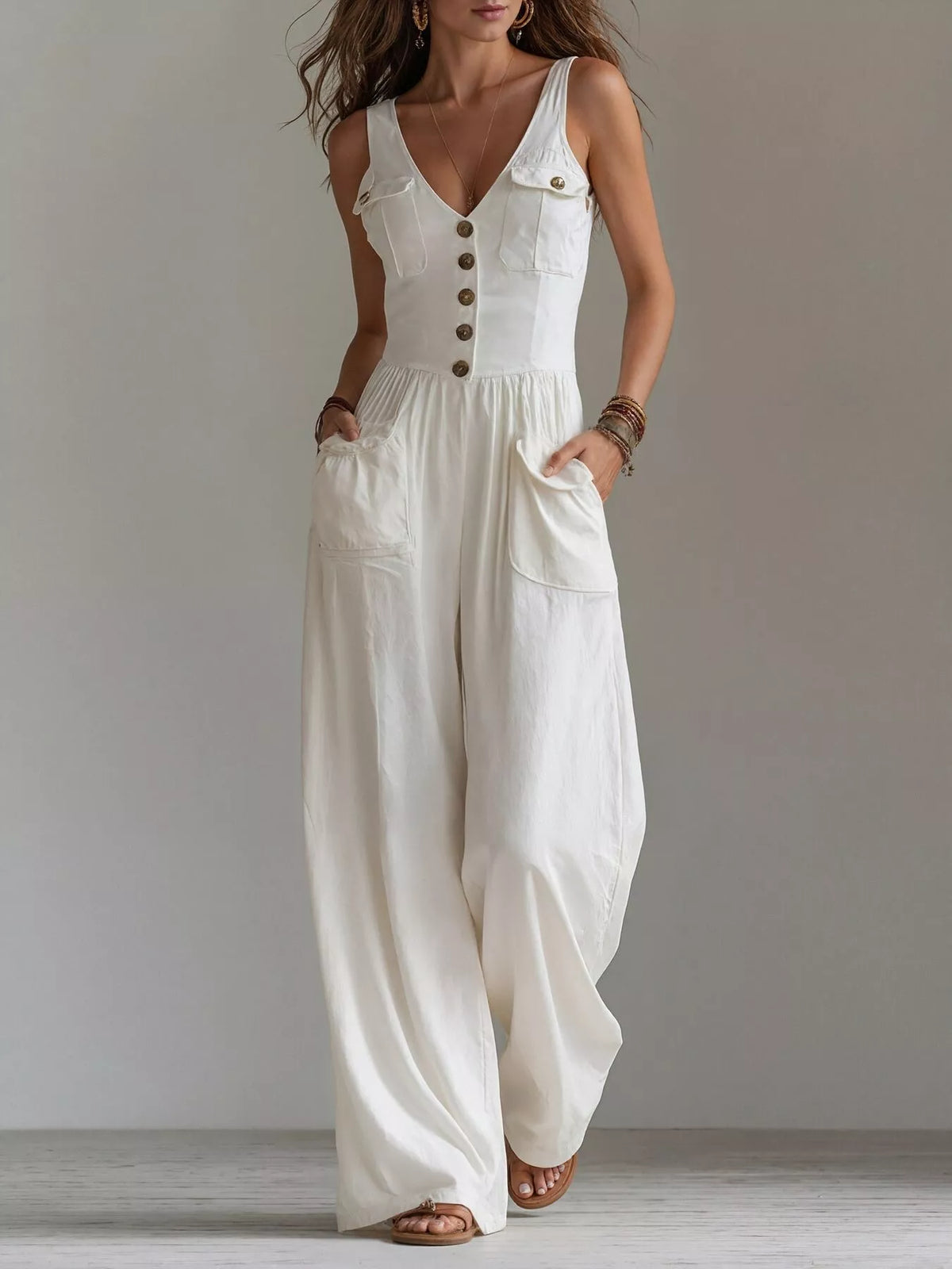 Sleeveless Button-Front Wide-Leg Jumpsuit