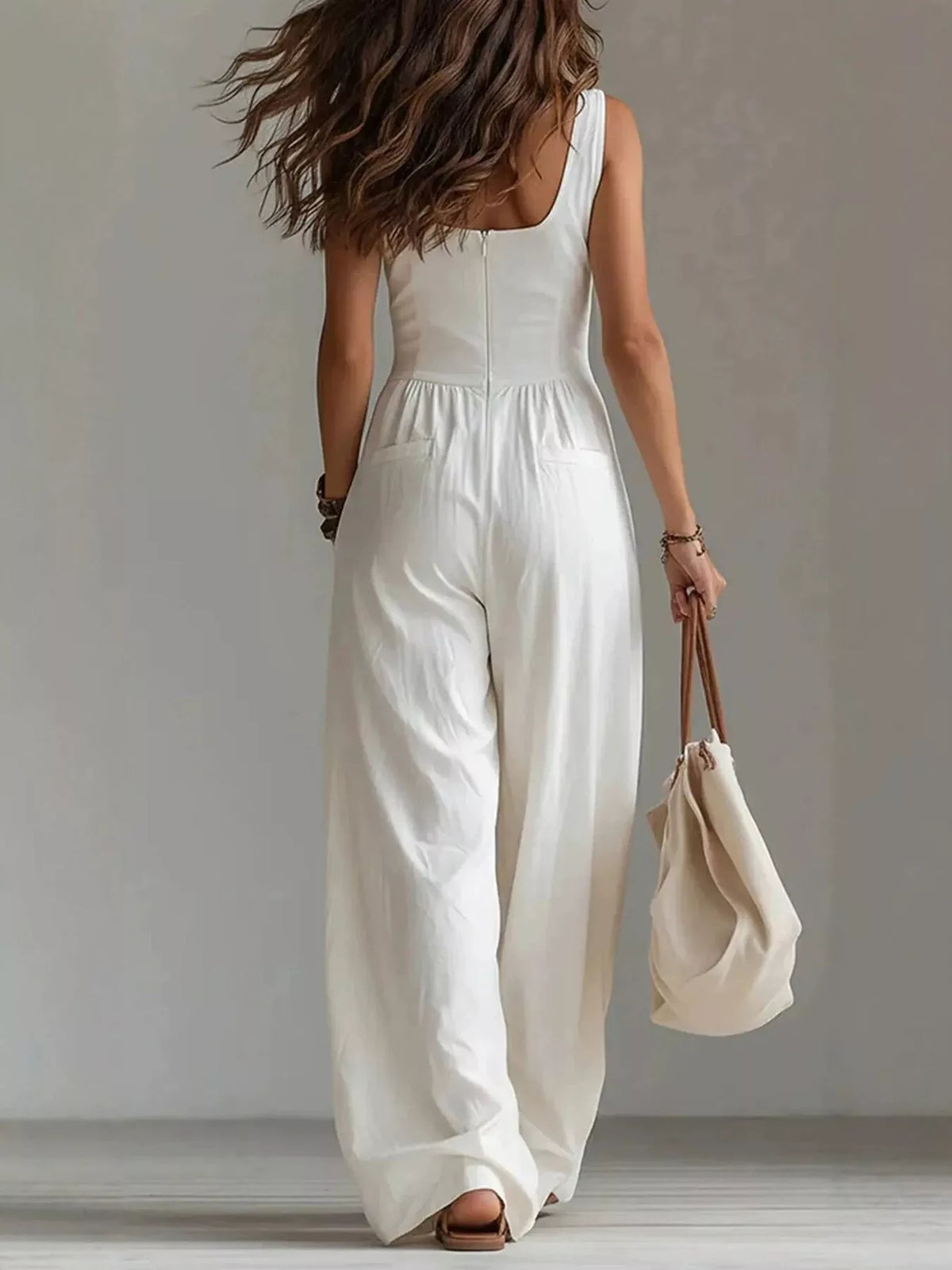 Sleeveless Button-Front Wide-Leg Jumpsuit