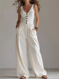 Sleeveless Button-Front Wide-Leg Jumpsuit White / S
