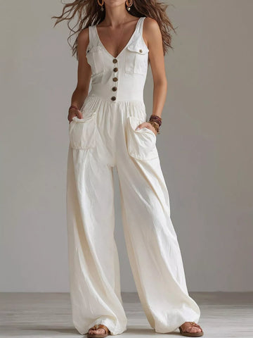 Sleeveless Button-Front Wide-Leg Jumpsuit White / S