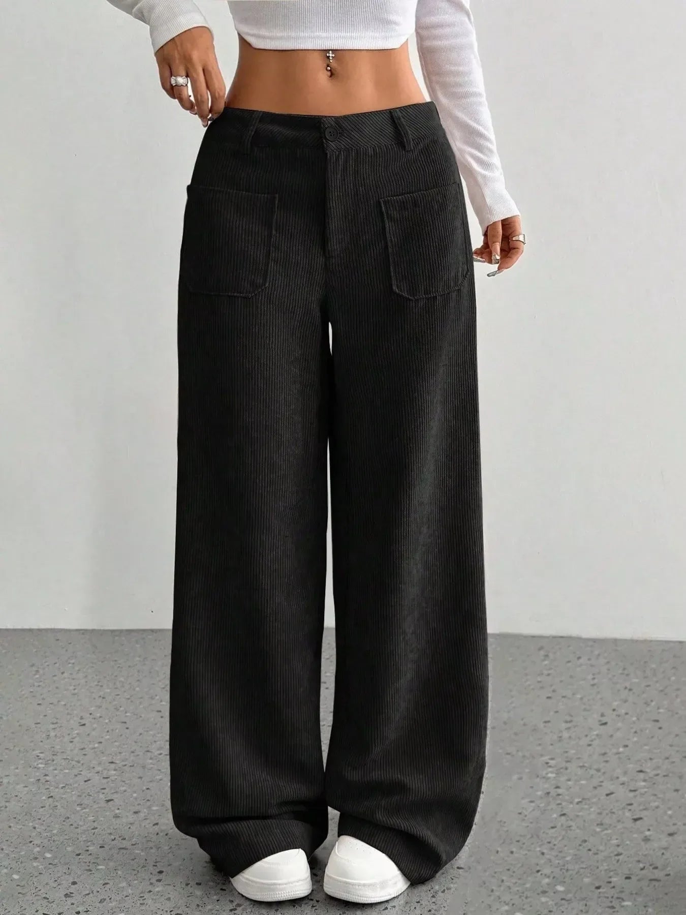 Wide Leg Corduroy Pants for Women Black / S