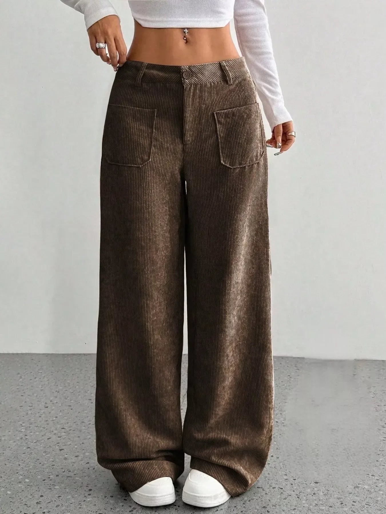 Wide Leg Corduroy Pants for Women Brown / S