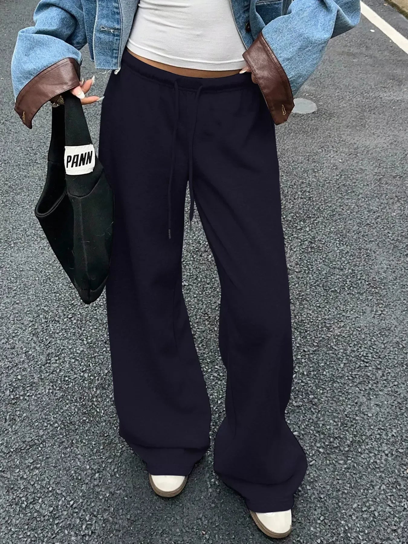 Wide Leg Drawstring Sweatpants Navy / S