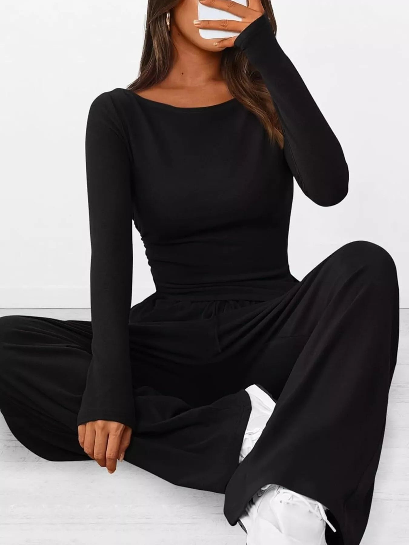 Long Sleeve Top and Wide Leg Pants Set Black / XS