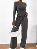 Long Sleeve Top and Wide Leg Pants Set Dark Gray / XS