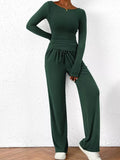 Long Sleeve Top and Wide Leg Pants Set Dark Green / XS