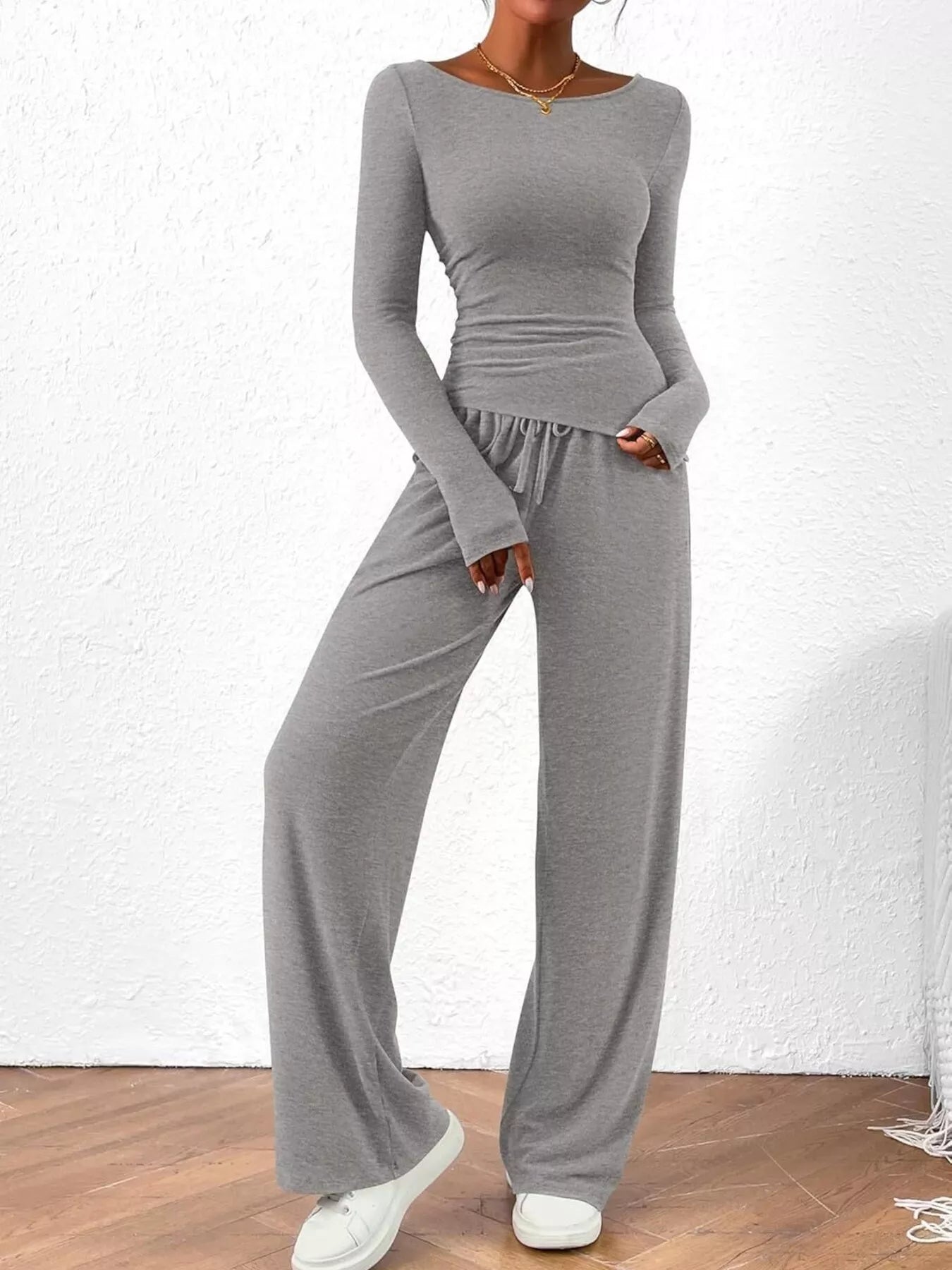 Long Sleeve Top and Wide Leg Pants Set Gray / XS